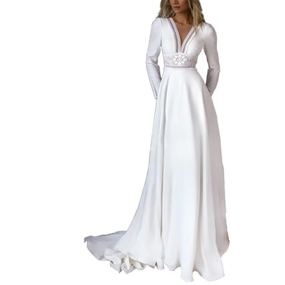 Wedding Dress for Bride Satin V Neck Bridal Gown Long Sleeve Sheath Boho Bride Dresses Evening Party Brush Train