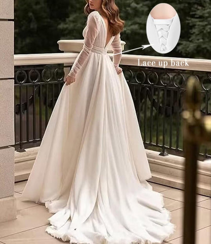 Long Sleeve Wedding Dresses for Bride Tulle V Neck Country Wedding Bridal Gown Boho Bride Dress Evening Party Brush Train