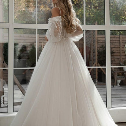 Sweetheart Lace Wedding Dresses for Bride Spaghetti Straps Detachable Sleeves Beach Wedding Dress Appliques Bridal Gown