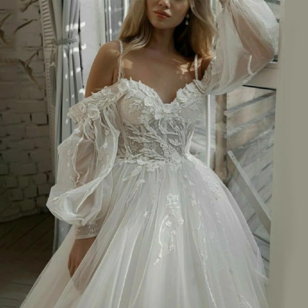 Sweetheart Lace Wedding Dresses for Bride Spaghetti Straps Detachable Sleeves Beach Wedding Dress Appliques Bridal Gown