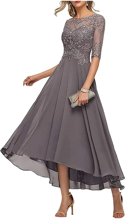 Lace Appliques Mother of The Bride Dresses for Wedding 3/4 Sleeve Tea Length Beaded Formal Evening Prom Dress