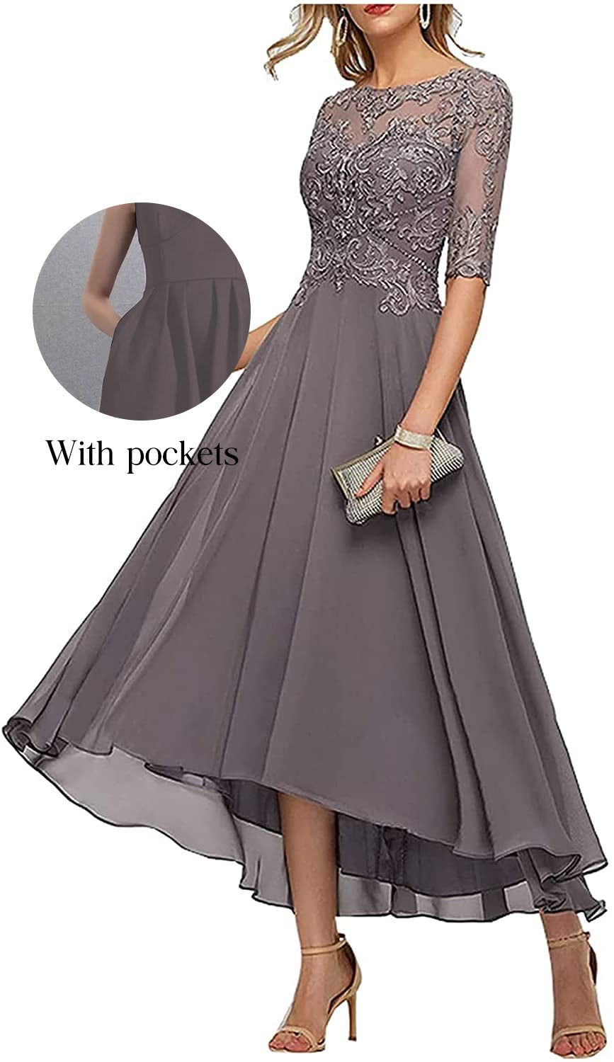 Lace Appliques Mother of The Bride Dresses for Wedding 3/4 Sleeve Tea Length Beaded Formal Evening Prom Dress