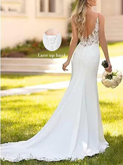 Sleeveless Wedding Dresses for Bride Mermaid V Neck Bridal Gown Lace and Appliques Bride Dress Evening Party