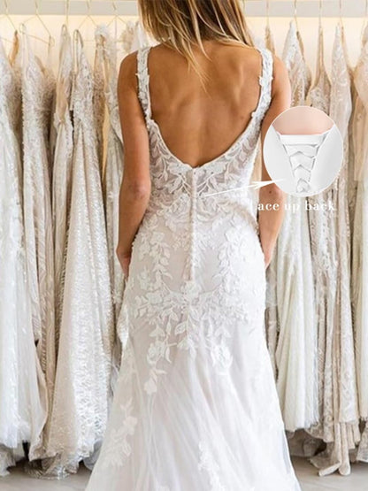 Sleeveless Wedding Dresses for Bride Sheath V Neck Bridal Gown Lace and Appliques Bride Dress Evening Party